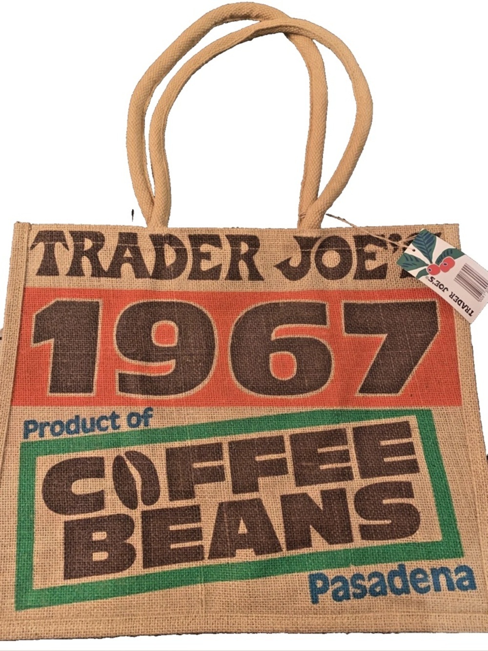 TRADER JOE'S COFFEE BEANS Pasadena Burlap Jute Tote Reusable ShoppingBag 9Gal - Picture 2 of 2